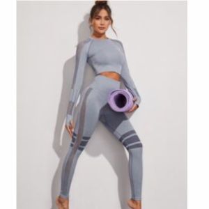 SHEIN Contrast Fishnet Thumbhole Sports Long Sleeve Tee & Striped Leggings Set